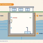 Section drawing of basement waterproofing with outer membrane, sump and drain