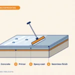 Terrace floor layers: concrete, primer, epoxy coat and seamless finish being spread with a squeegee