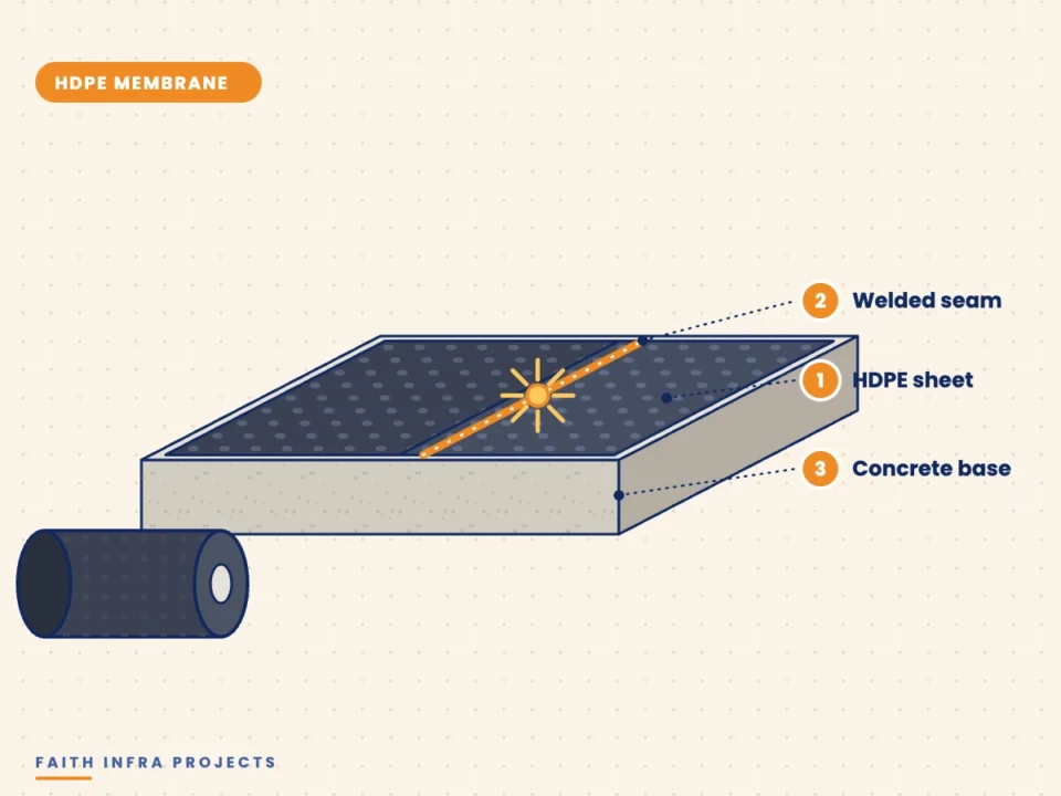 Illustration of an HDPE membrane sheet with a welded seam over a concrete base