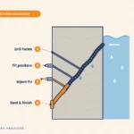 Concrete wall cross-section showing PU injection grouting: drill holes, fit packers, inject PU and seal a leaking crack