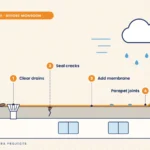 Terrace cross-section with four pre-monsoon checks: clear drains, seal cracks, add membrane, check parapet joints