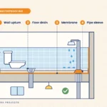 Bathroom cutaway showing waterproof membrane across the floor and up the walls, with floor drain and pipe sleeve