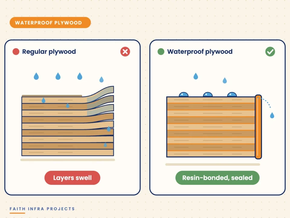 Regular plywood swelling with water compared with resin-bonded sealed waterproof plywood
