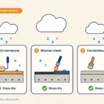 Three roof waterproofing options compared: liquid membrane, bitumen sheet and cementitious coat