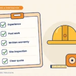 Clipboard checklist for choosing a waterproofing contractor with safety helmet and tape measure
