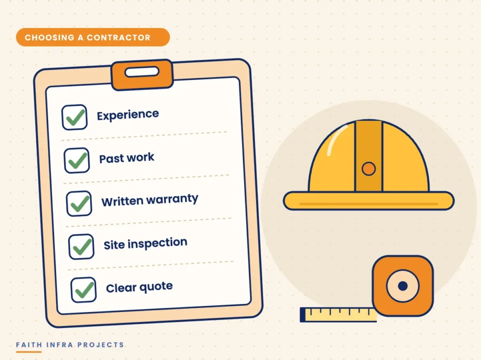 Clipboard checklist for choosing a waterproofing contractor with safety helmet and tape measure