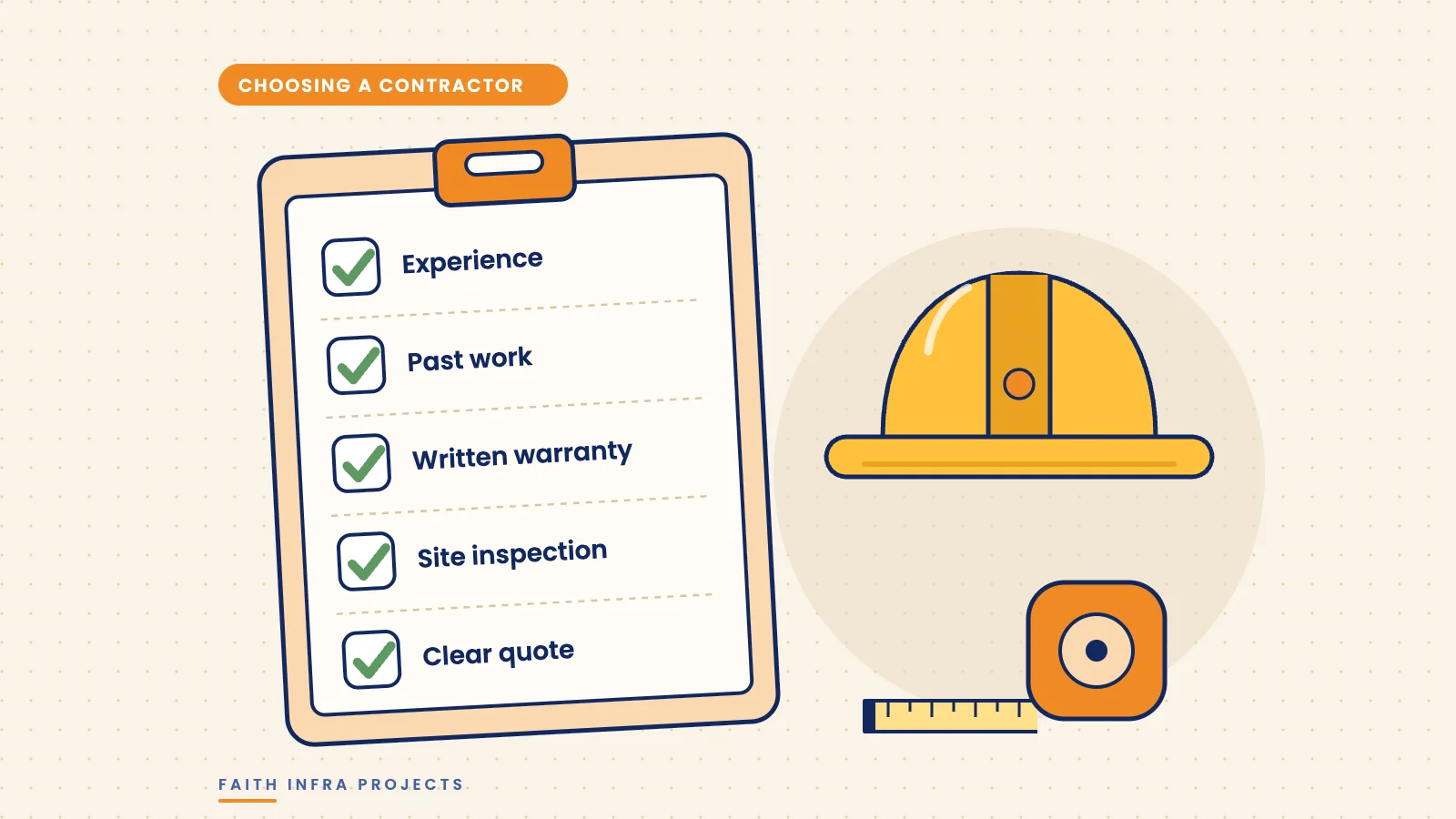 Clipboard checklist for choosing a waterproofing contractor with safety helmet and tape measure