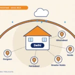Map of Delhi NCR cities under an orange waterproofing shield: Noida, Gurgaon, Ghaziabad, Faridabad, Greater Noida